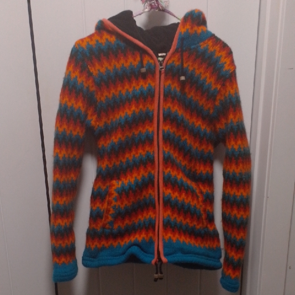 Colorful Knit Wool Jacket Sweater Hoodie Zigzag Trippy Nepal Fleece Lining Ark